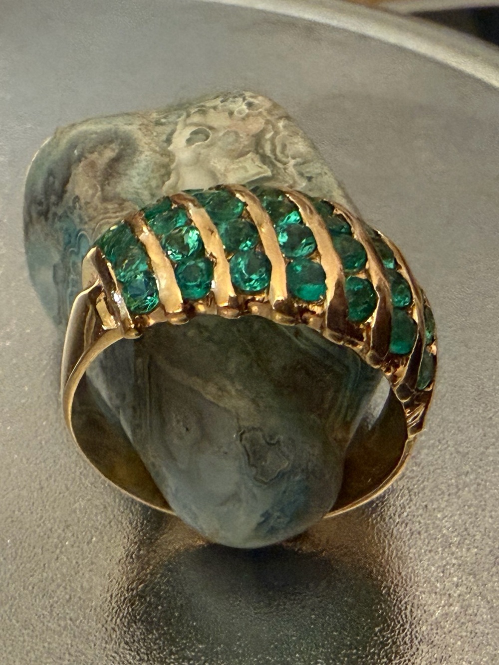 Gold and Emerald channel set Dome / Bombe Ring